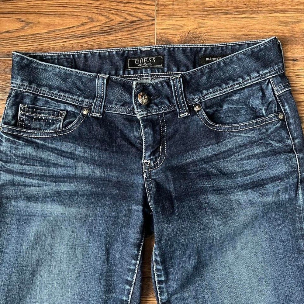 Vintage Guess Y2K Low Rise Bootcut Daredevil Jeans 27 Rhinestone‎ Embellished - Picture 2 of 8